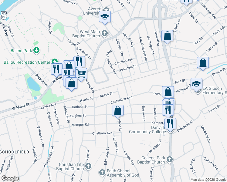 map of restaurants, bars, coffee shops, grocery stores, and more near 344 Chatelaine Avenue in Danville