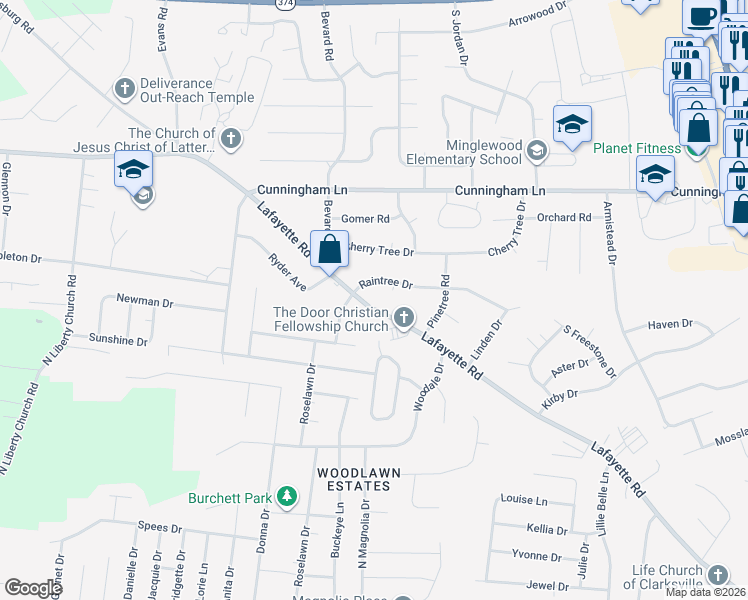 map of restaurants, bars, coffee shops, grocery stores, and more near 630 Lafayette Road in Clarksville
