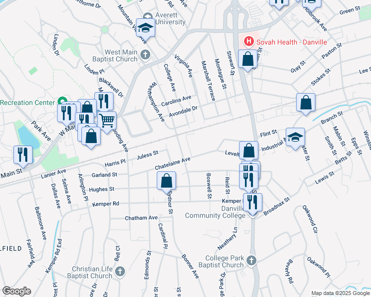 map of restaurants, bars, coffee shops, grocery stores, and more near 306 Chatelaine Avenue in Danville