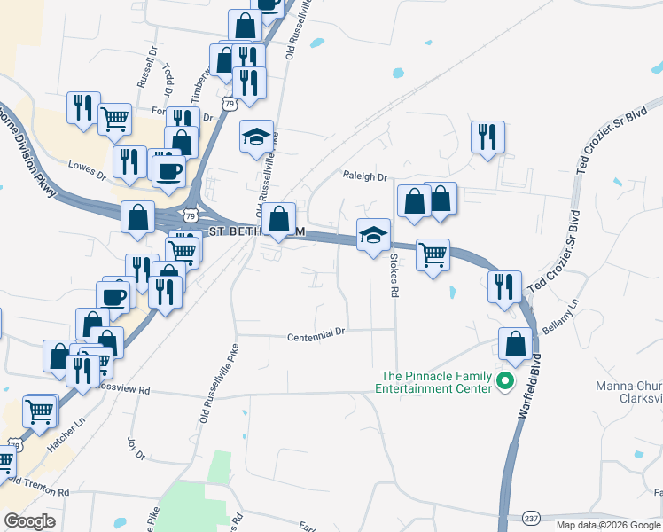 map of restaurants, bars, coffee shops, grocery stores, and more near 260 Winters Court in Clarksville