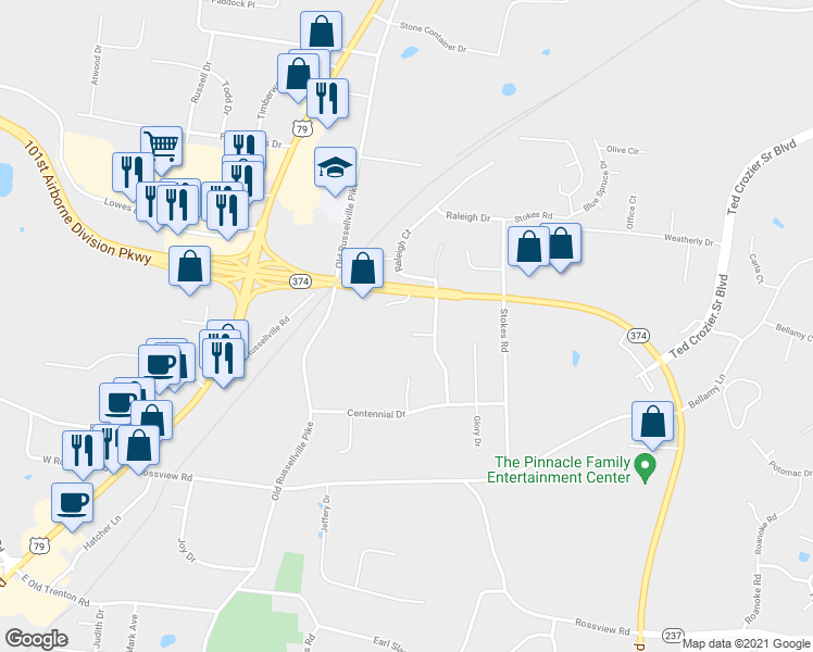 map of restaurants, bars, coffee shops, grocery stores, and more near 260 Winters Court in Clarksville