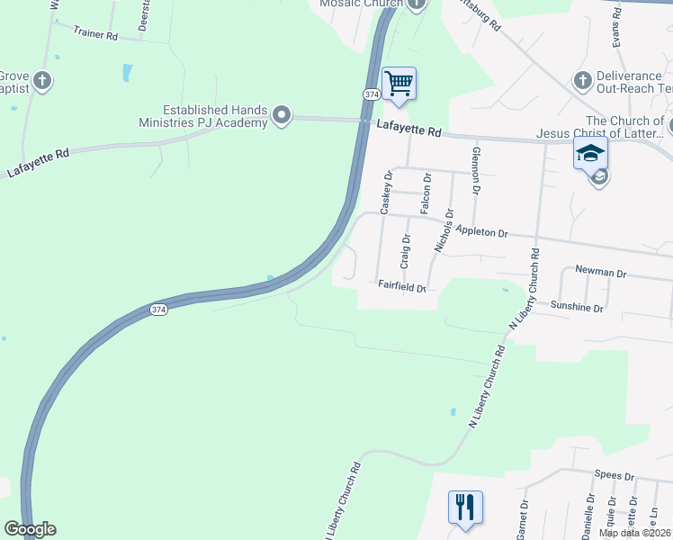map of restaurants, bars, coffee shops, grocery stores, and more near 608 Fairfield Drive in Clarksville