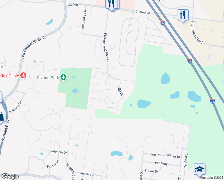 map of restaurants, bars, coffee shops, grocery stores, and more near 685 White Face Drive in Clarksville