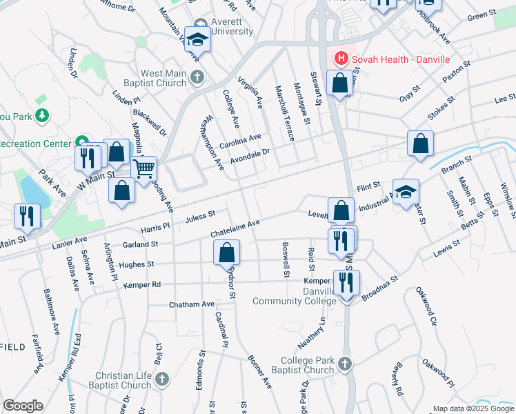 map of restaurants, bars, coffee shops, grocery stores, and more near 1 Paul Street in Danville