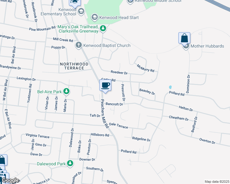 map of restaurants, bars, coffee shops, grocery stores, and more near 827 Peachers Mill Road in Clarksville