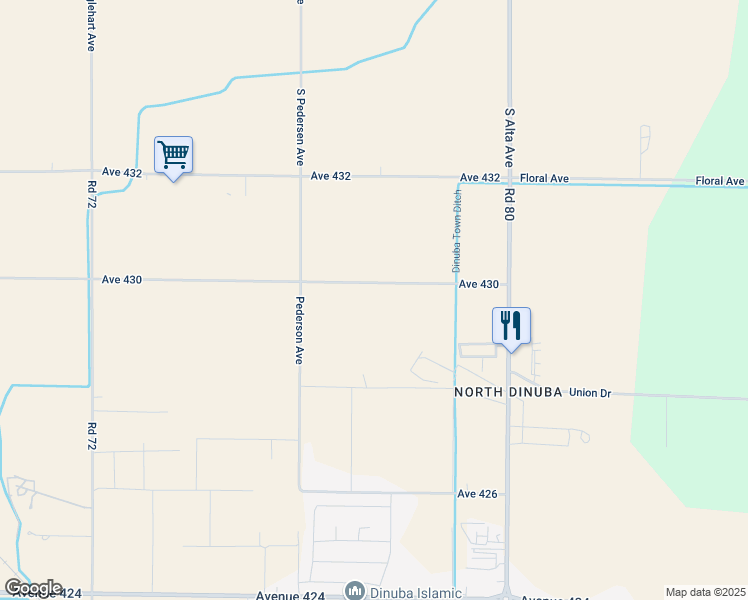 map of restaurants, bars, coffee shops, grocery stores, and more near 7765 Avenue 430 in Dinuba