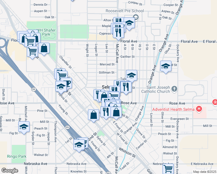 map of restaurants, bars, coffee shops, grocery stores, and more near in Selma