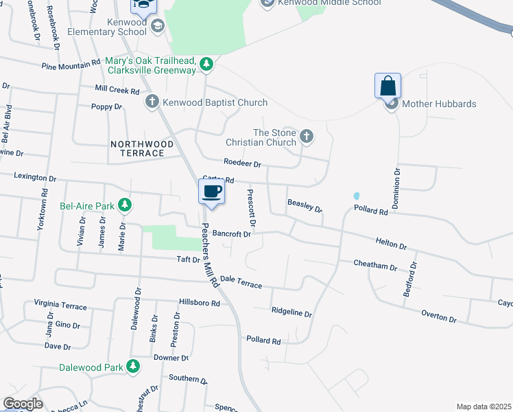 map of restaurants, bars, coffee shops, grocery stores, and more near 402 Helton Drive in Clarksville