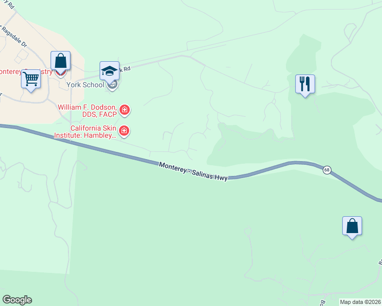 map of restaurants, bars, coffee shops, grocery stores, and more near 22690 Gallant Fox Road in Monterey