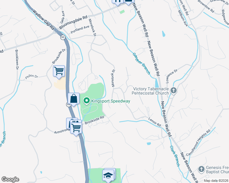 map of restaurants, bars, coffee shops, grocery stores, and more near 385 Morelock Street in Kingsport