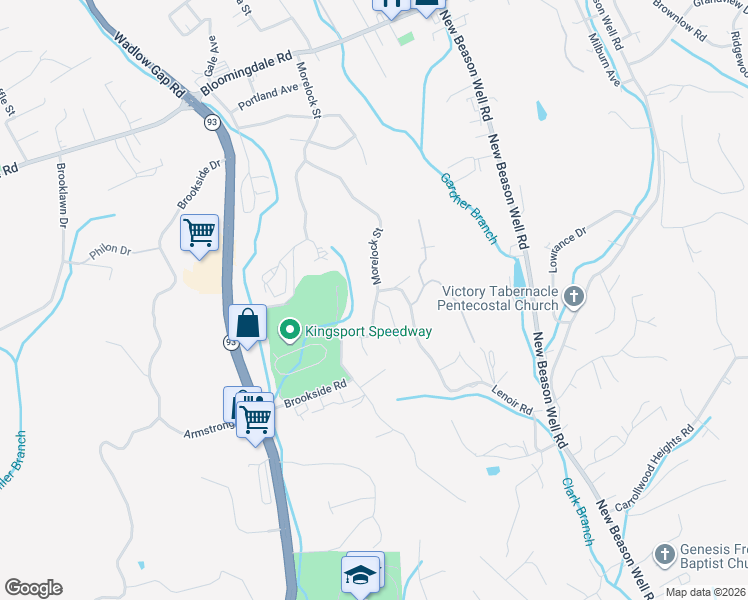 map of restaurants, bars, coffee shops, grocery stores, and more near 385 Morelock Street in Kingsport