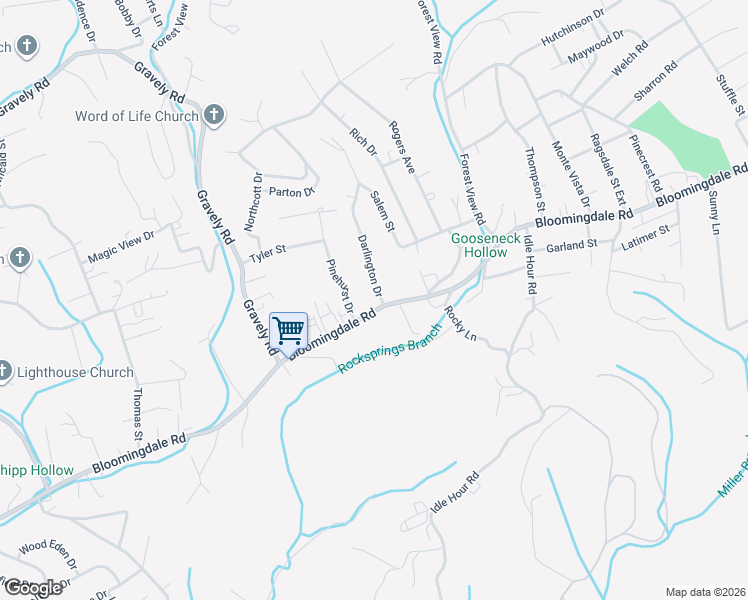 map of restaurants, bars, coffee shops, grocery stores, and more near 130 Darlington Drive in Kingsport