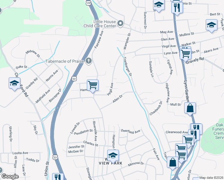 map of restaurants, bars, coffee shops, grocery stores, and more near 476 Virgil Avenue in Kingsport
