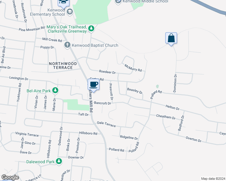 map of restaurants, bars, coffee shops, grocery stores, and more near 809 Prescott Drive in Clarksville
