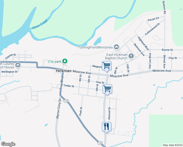 map of restaurants, bars, coffee shops, grocery stores, and more near Kentucky 94 in Hickman