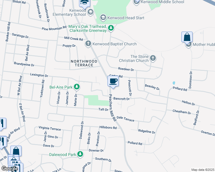 map of restaurants, bars, coffee shops, grocery stores, and more near 880 Peachers Mill Road in Clarksville
