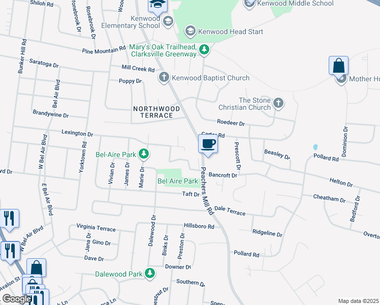 map of restaurants, bars, coffee shops, grocery stores, and more near 880 Peachers Mill Road in Clarksville