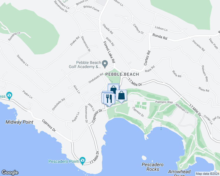 map of restaurants, bars, coffee shops, grocery stores, and more near 3274 Stevenson Drive in Del Monte Forest