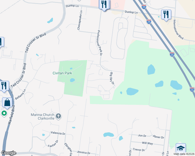 map of restaurants, bars, coffee shops, grocery stores, and more near 661 White Face Drive in Clarksville