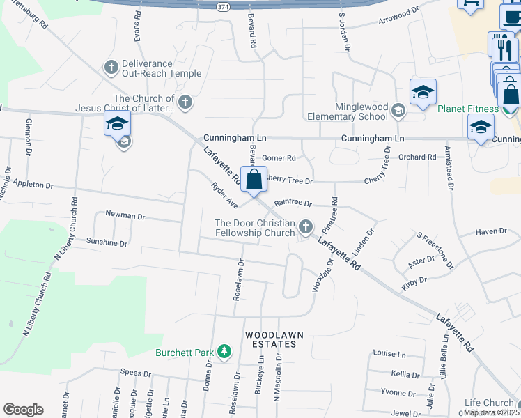 map of restaurants, bars, coffee shops, grocery stores, and more near 637 Lafayette Road in Clarksville