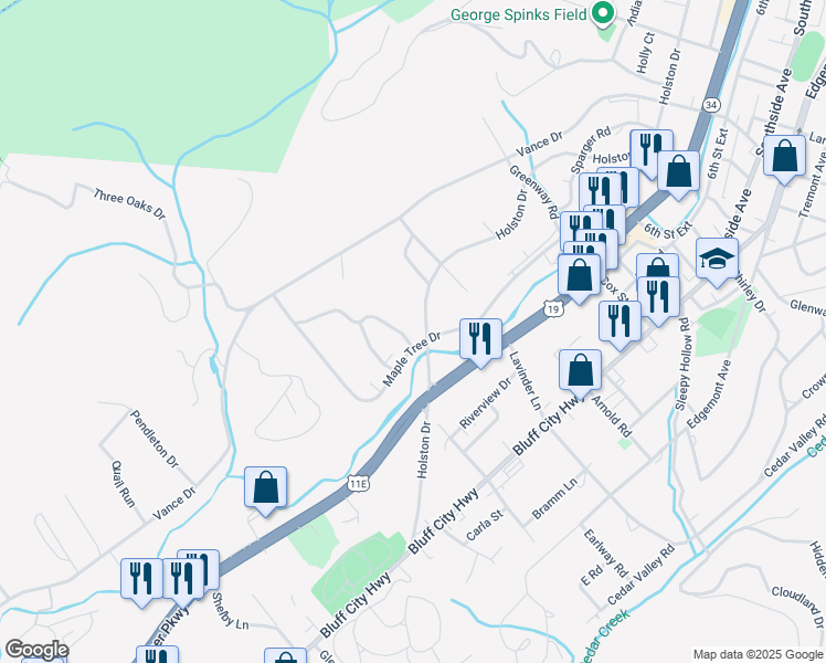 map of restaurants, bars, coffee shops, grocery stores, and more near 1754 Holston Drive in Bristol
