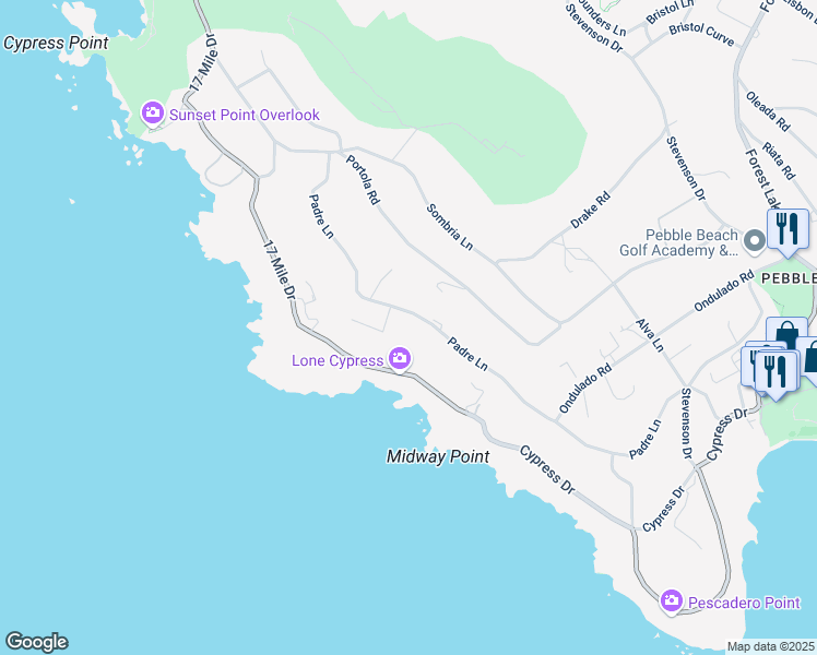 map of restaurants, bars, coffee shops, grocery stores, and more near 1252 Padre Lane in Del Monte Forest