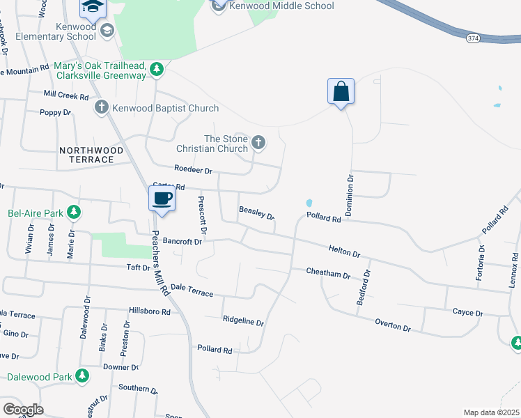 map of restaurants, bars, coffee shops, grocery stores, and more near 409 Beasley Drive in Clarksville
