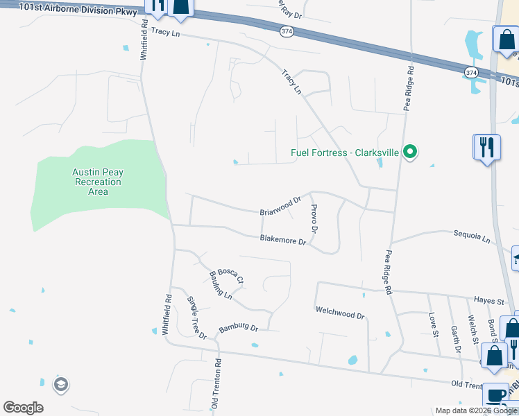 map of restaurants, bars, coffee shops, grocery stores, and more near 563 Briarwood Drive in Clarksville