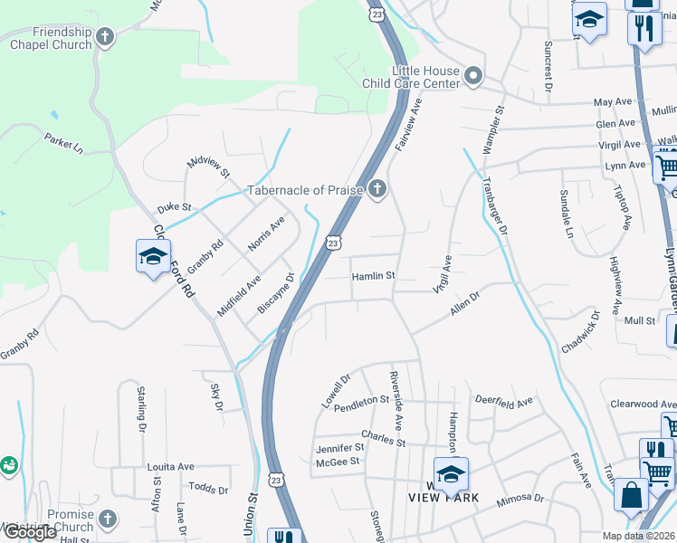 map of restaurants, bars, coffee shops, grocery stores, and more near 708 Gillespie Avenue in Kingsport