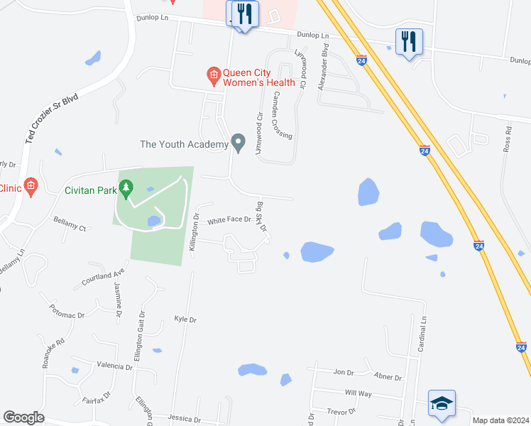 map of restaurants, bars, coffee shops, grocery stores, and more near 830 Professional Park Drive in Clarksville