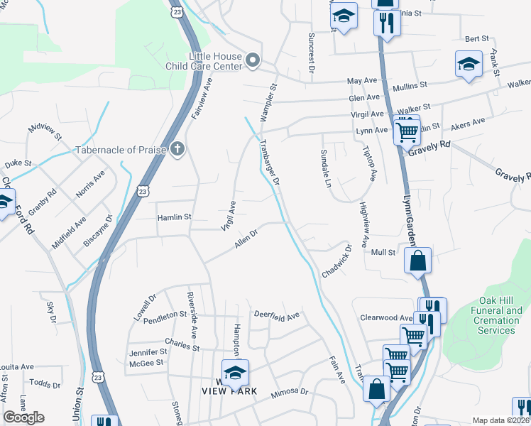 map of restaurants, bars, coffee shops, grocery stores, and more near 416 Allen Dr in Kingsport