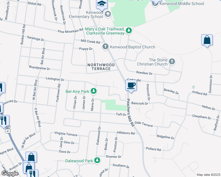 map of restaurants, bars, coffee shops, grocery stores, and more near 200 Lexington Drive in Clarksville