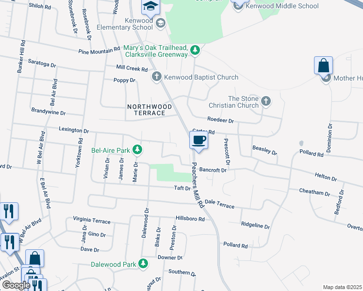 map of restaurants, bars, coffee shops, grocery stores, and more near 880 Peachers Mill Road in Clarksville