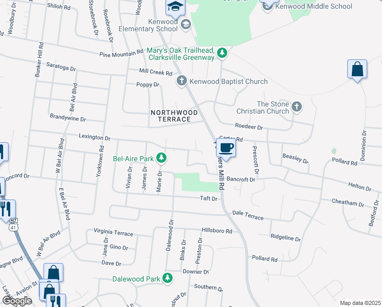 map of restaurants, bars, coffee shops, grocery stores, and more near 200 Lexington Drive in Clarksville