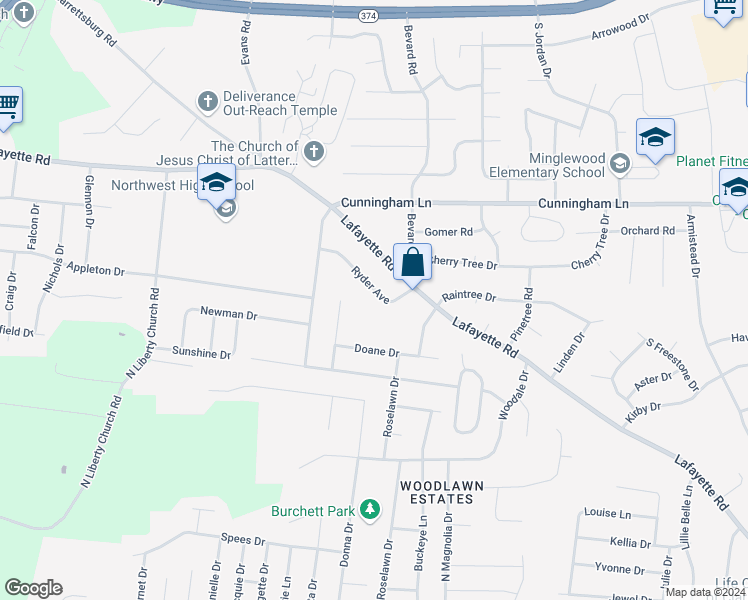 map of restaurants, bars, coffee shops, grocery stores, and more near 359 Ryder Avenue in Clarksville