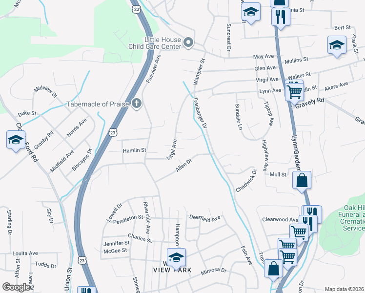 map of restaurants, bars, coffee shops, grocery stores, and more near 476 Virgil Avenue in Kingsport