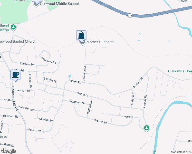 map of restaurants, bars, coffee shops, grocery stores, and more near 612 Farmington Bend in Clarksville