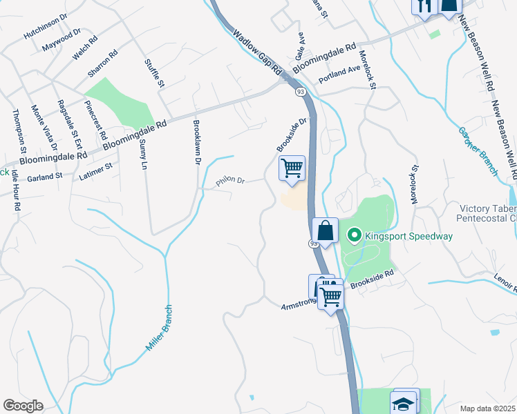 map of restaurants, bars, coffee shops, grocery stores, and more near 300 Brookside Drive in Kingsport