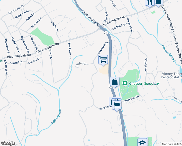 map of restaurants, bars, coffee shops, grocery stores, and more near 300 Brookside Drive in Kingsport