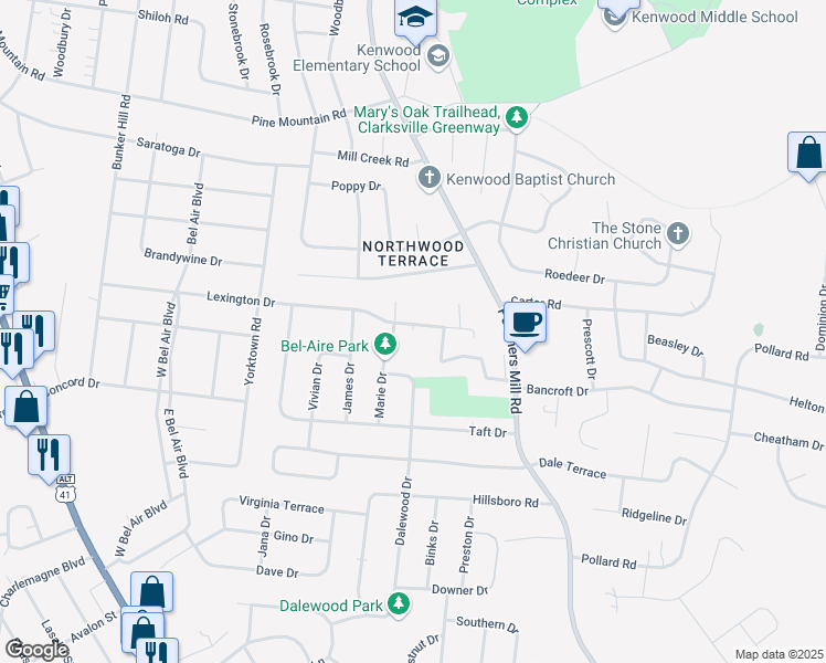 map of restaurants, bars, coffee shops, grocery stores, and more near 164B Lexington Drive in Clarksville