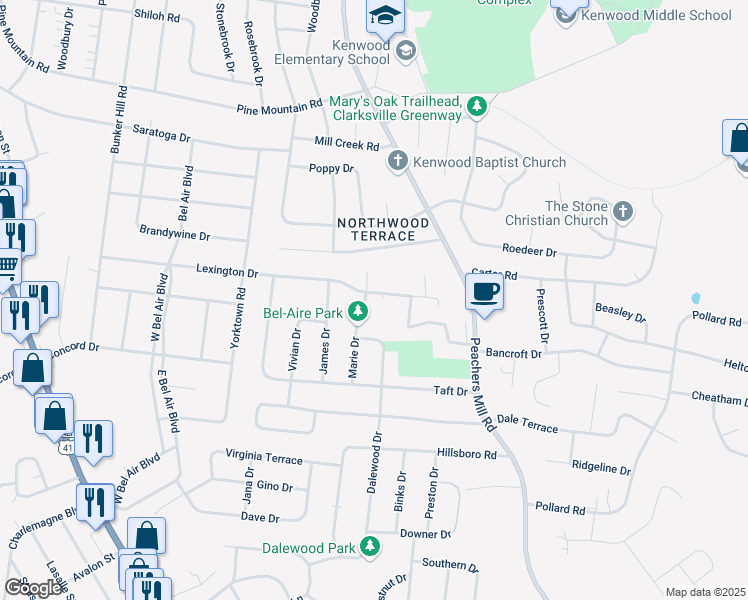 map of restaurants, bars, coffee shops, grocery stores, and more near 164B Lexington Drive in Clarksville