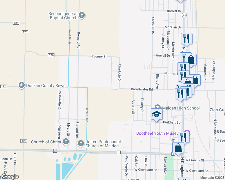map of restaurants, bars, coffee shops, grocery stores, and more near 1100 Benton Street in Malden
