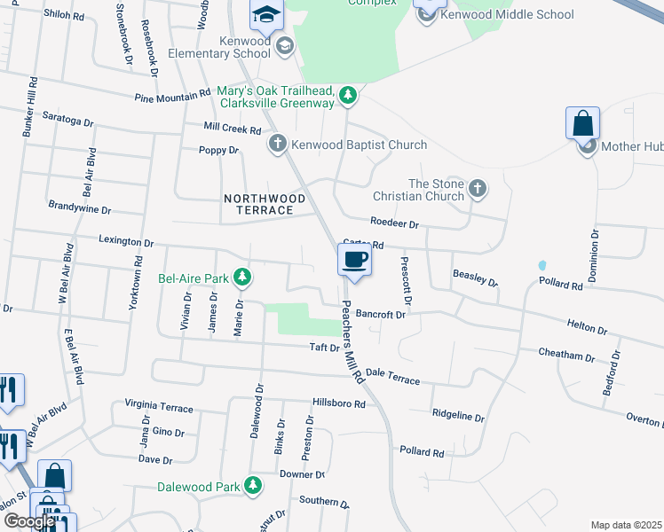 map of restaurants, bars, coffee shops, grocery stores, and more near 880 Peachers Mill Road in Clarksville