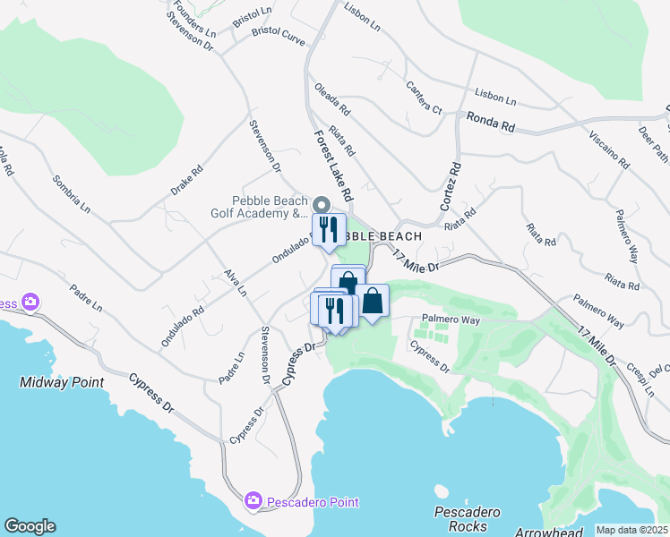 map of restaurants, bars, coffee shops, grocery stores, and more near 3307 17 Mile Drive in Del Monte Forest