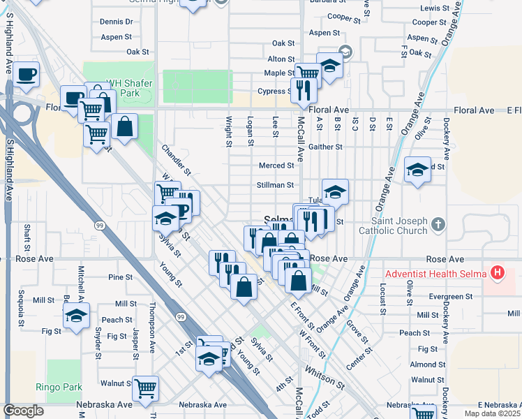 map of restaurants, bars, coffee shops, grocery stores, and more near 2139 Tulare Street in Selma