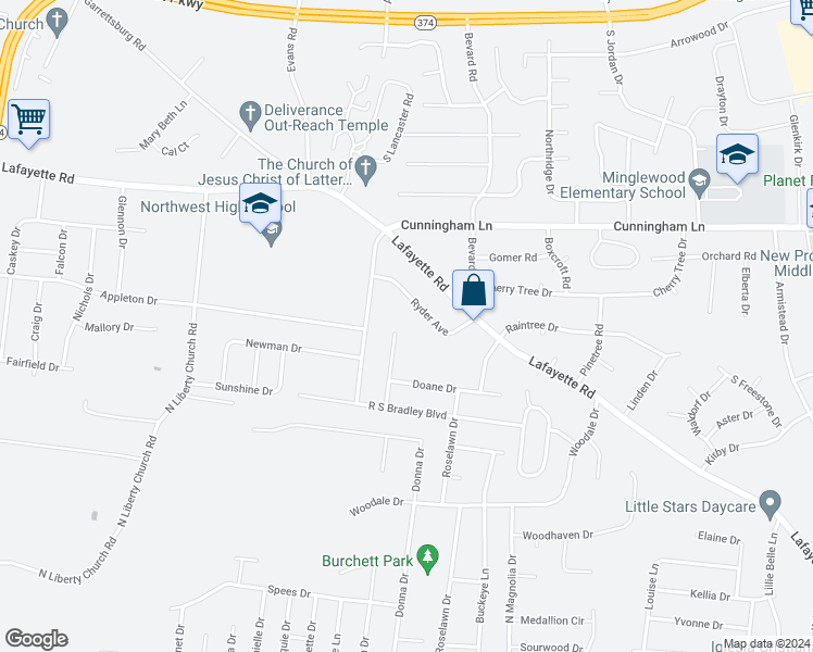 map of restaurants, bars, coffee shops, grocery stores, and more near 405 Cook Drive in Clarksville