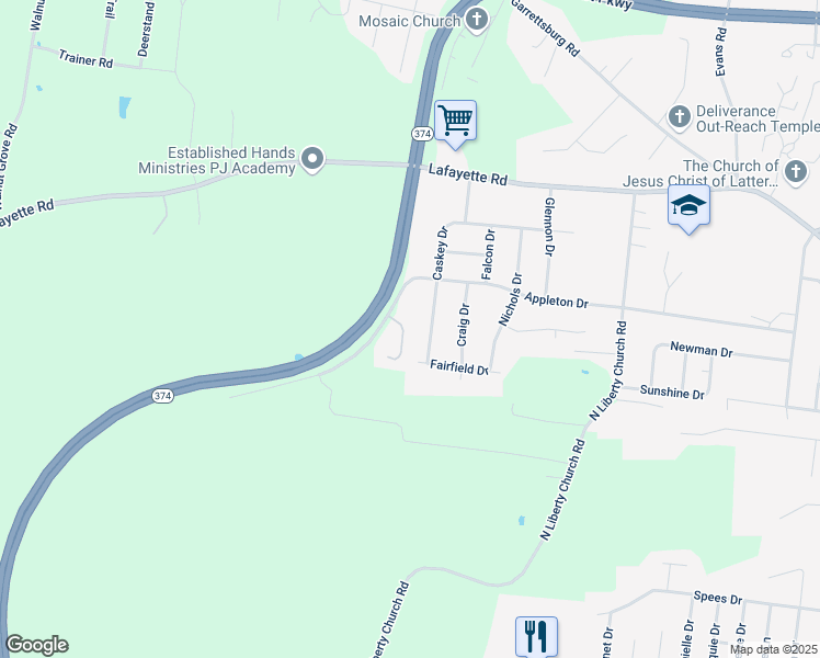 map of restaurants, bars, coffee shops, grocery stores, and more near 581 Caskey Drive in Clarksville