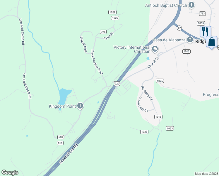 map of restaurants, bars, coffee shops, grocery stores, and more near Lee Ford Camp Road in Ridgeway
