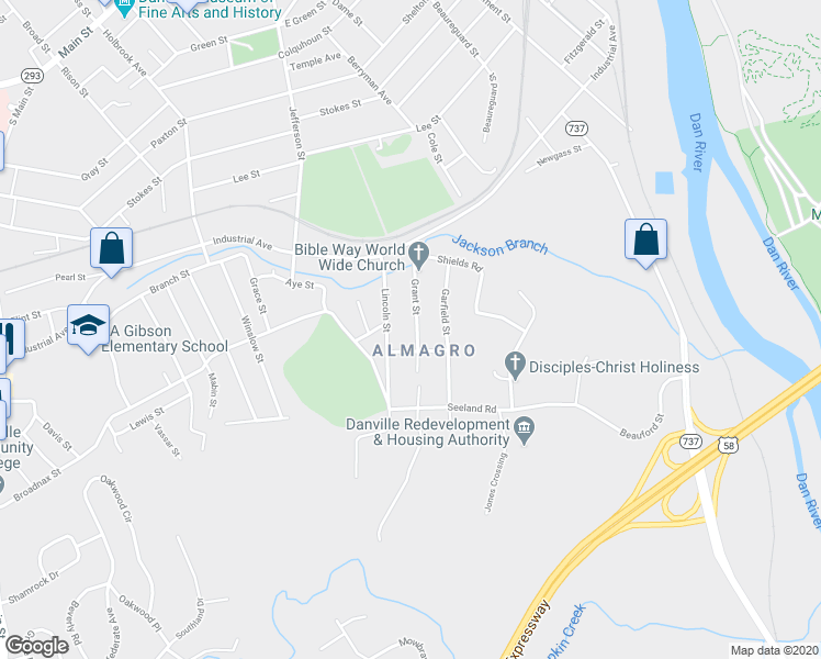 map of restaurants, bars, coffee shops, grocery stores, and more near 274 Grant Street in Danville