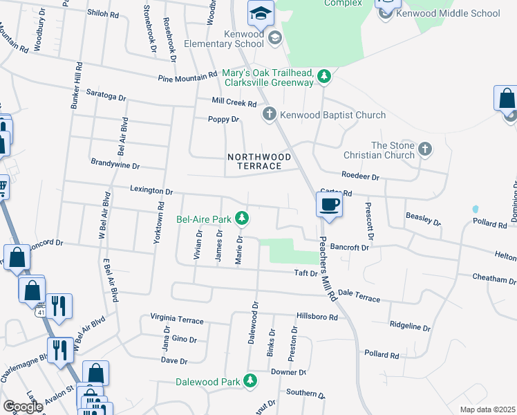 map of restaurants, bars, coffee shops, grocery stores, and more near 164B Lexington Drive in Clarksville